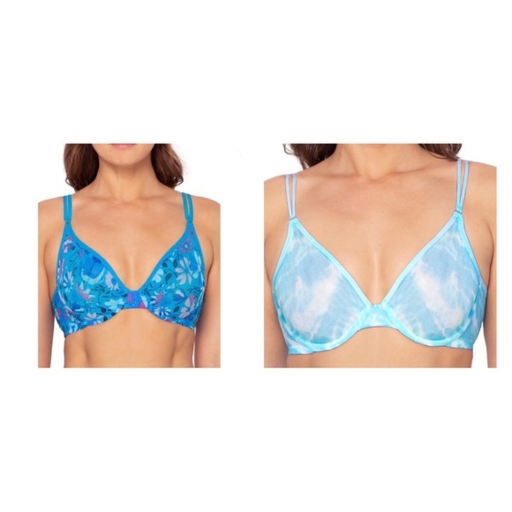 2pack Blue & Blue floral Unlined Sheer Mesh‎ Demi Underwire Bras size 38D new